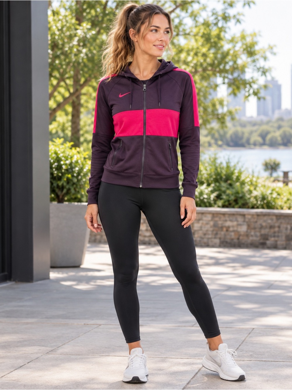 Nike Dri-FIT Colorblock Full Zip Hooded Running Jacket Small Pink Purple